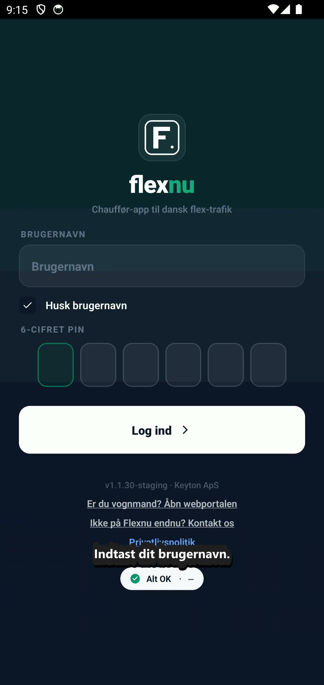 Login-skærmen i Flexnu chauffør-appen med felt til brugernavn og PIN.