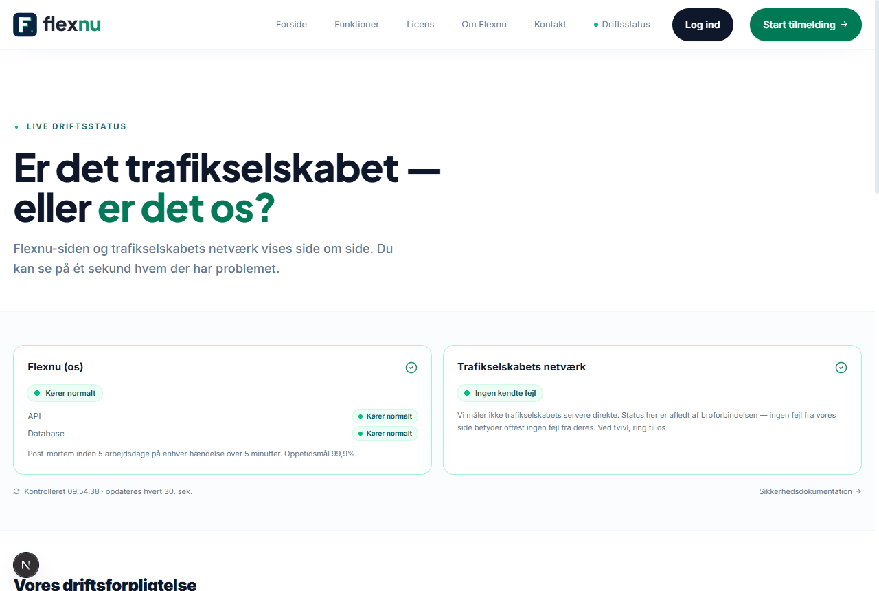 Driftsstatus-siden med Flexnu og trafikselskabets netværk vist side om side.