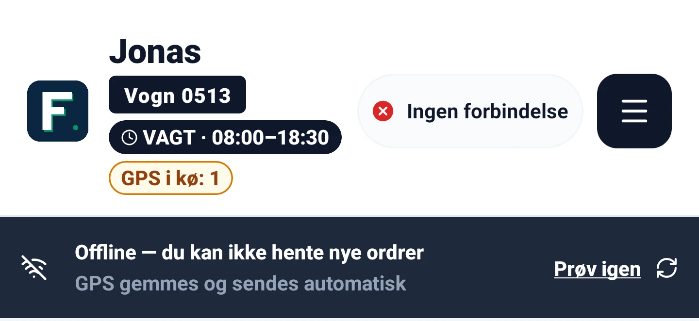 Chauffør-appen uden forbindelse: banneret »Offline — du kan ikke hente nye ordrer« og GPS i kø.