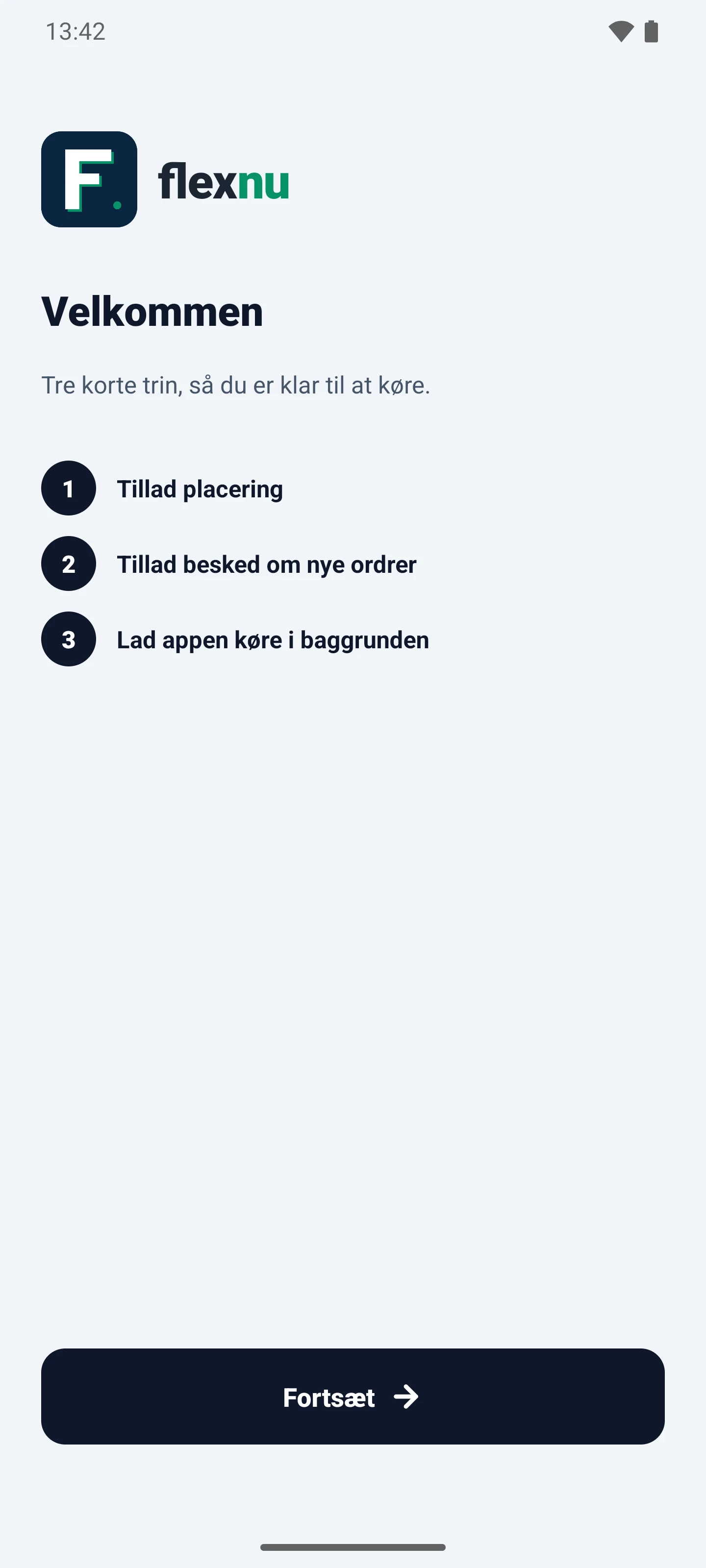 Chauffør-appen: velkomstskærmen med tre korte trin – tillad placering, tillad besked om nye ordrer og lad appen køre i baggrunden.