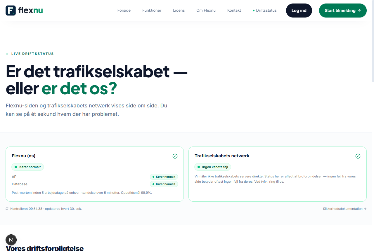 Driftsstatus-siden med Flexnu og trafikselskabets netværk vist side om side.