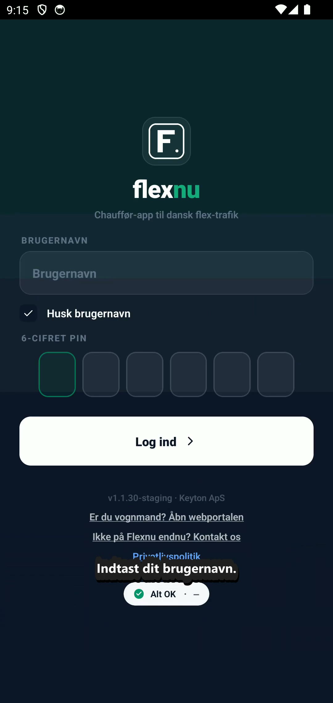 Login-skærmen i Flexnu chauffør-appen med felt til brugernavn og PIN.